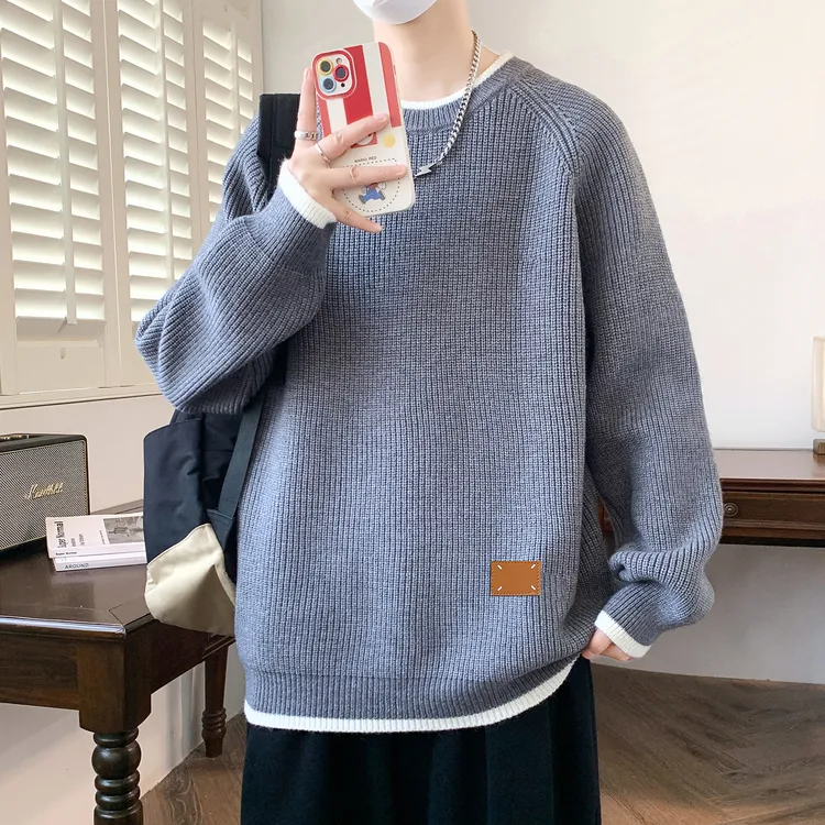 假两件毛衣男款秋冬季圆领针织衫男生内搭高级感宽松休闲毛线衣服