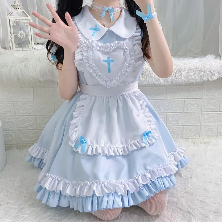 日本软妹Lolita 天蓝女十字架仆装 Cosplay女佣裙连衣裙
