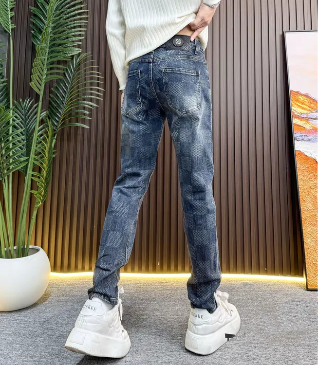 美式复古男士小脚裤新款棋盘格百搭休闲蓝色牛仔裤潮牌修身裤子