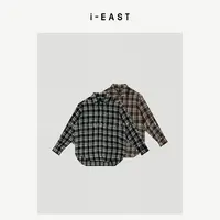 i-EAST 棕咖剧场~秋冬美拉德撞色格子衬衫上衣-5Q SY9477