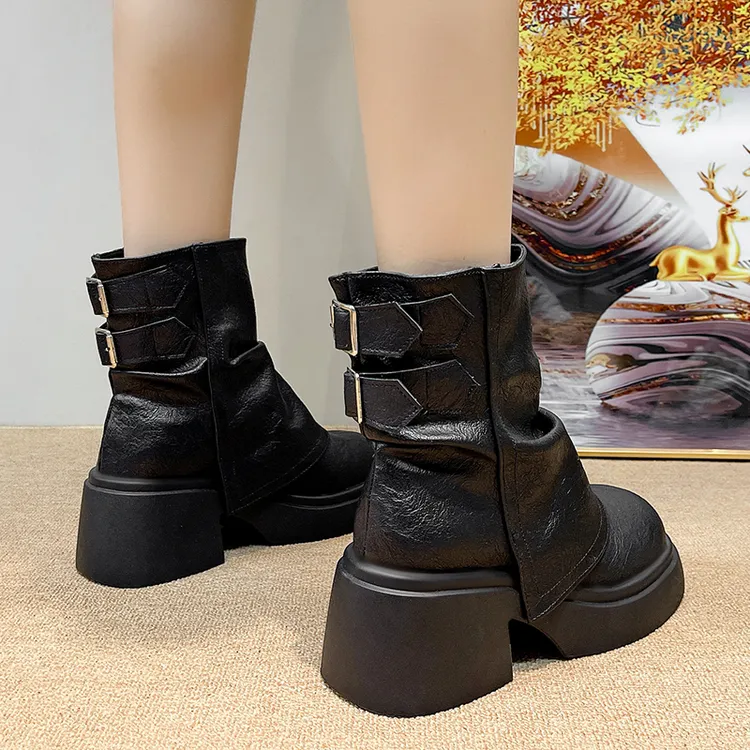 6cm厚底裤管靴女短靴2025秋季新款百搭松糕堆堆靴软底增高马丁靴