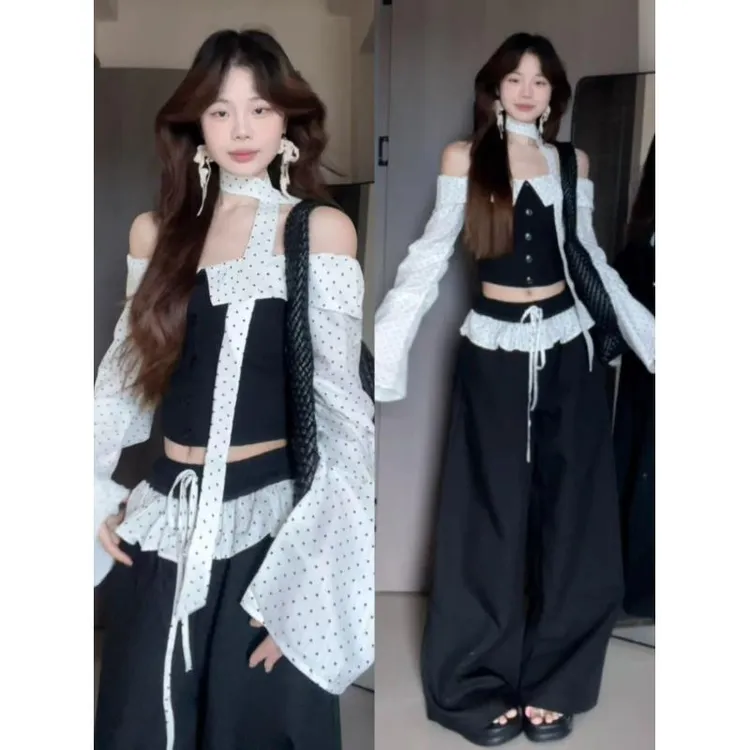 辣妹风时尚套装背心轻熟风INS风法式抹胸针织套装6583