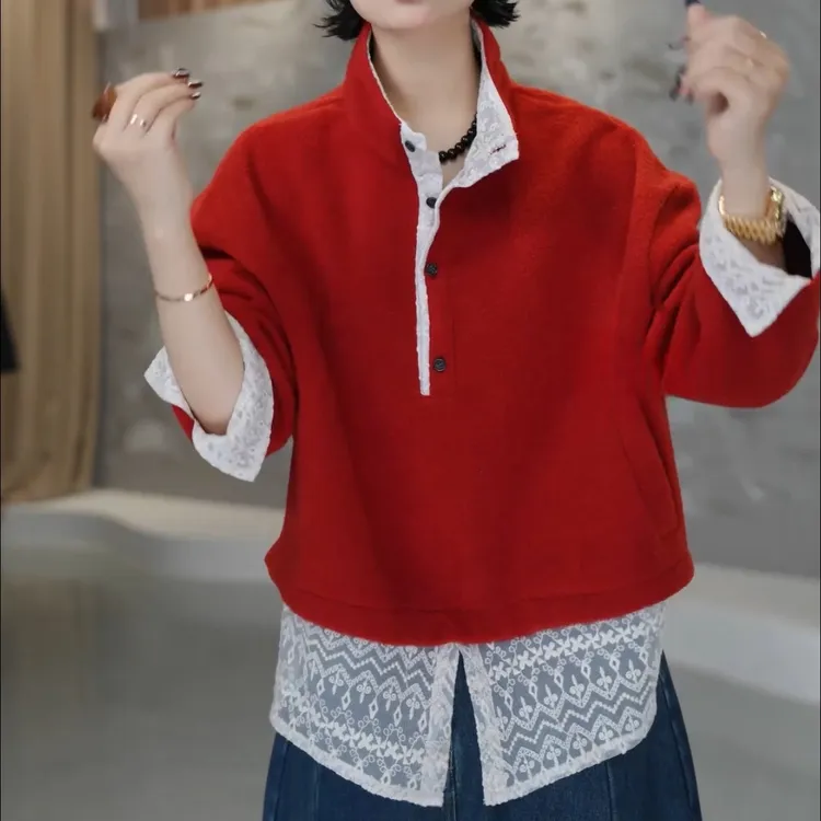 时尚设计感蕾丝拼接厚款假两件卫衣2025冬季新款女款百搭长袖上衣