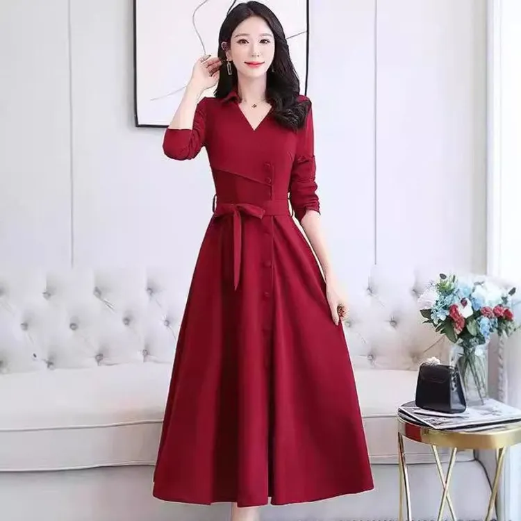 长袖红色女新款中长款春秋季时尚收腰显瘦气质轻熟风裙子JX893