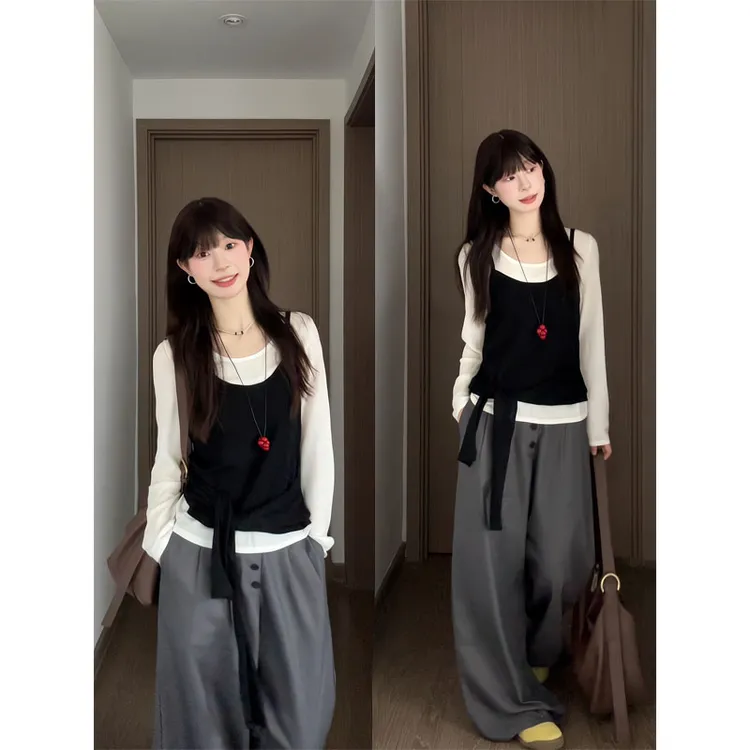 叠穿黑白长袖针织衫夏季绑带吊带背心两件套直筒宽松大阔腿休闲裤