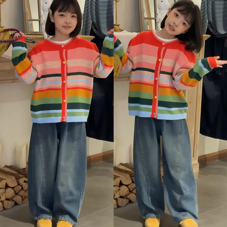 女童秋冬套装彩虹条毛衣外套加绒弯刀牛仔裤冬季时髦休闲两件套潮
