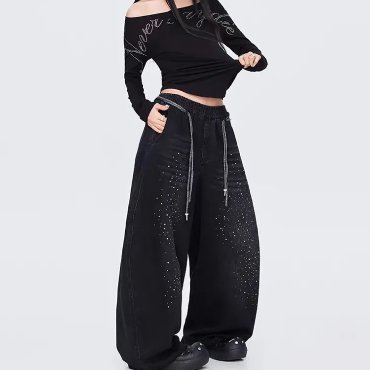秋季新款重工手工钉珠烫钻渐变晕染弯刀阔腿长裤宽松运动跳舞裤子