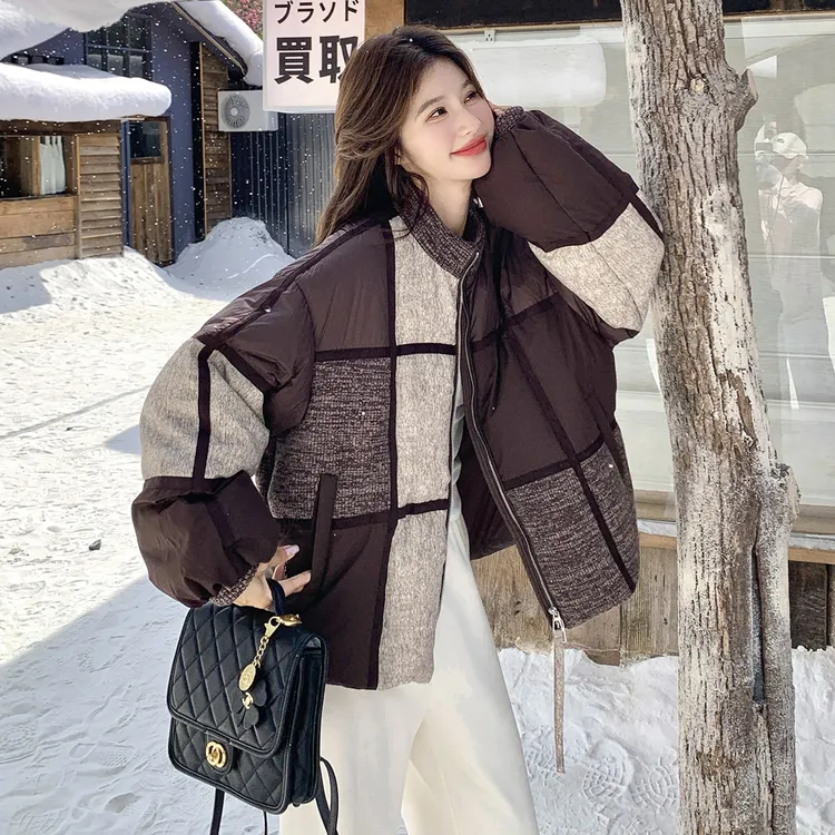 时尚拼色格子立领羽绒服女2025冬季新款设计感气质90白鸭绒外套