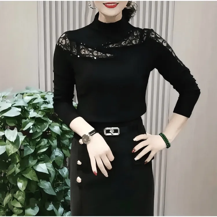 （运费补贴）2024秋冬新款时尚洋气半高领镂空蕾丝钉珠气质百搭显