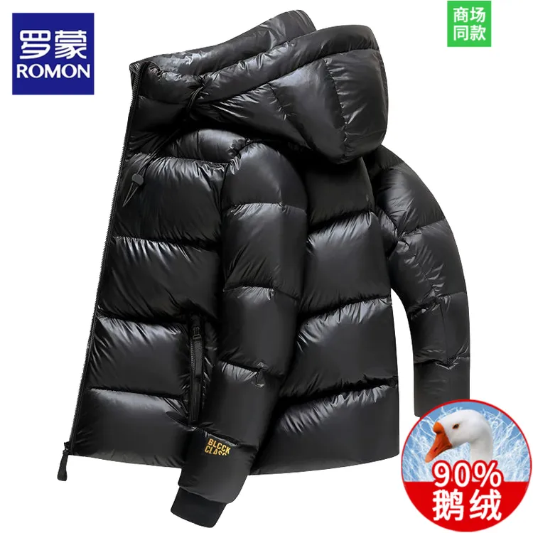 罗蒙冬季高端黑金羽绒服男士短款休闲宽松鹅绒服情侣防寒面包服女