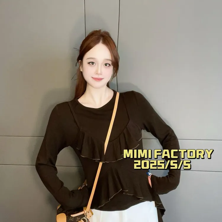 2025早秋新款 拼接圆领设计感T恤女长袖修身显瘦百搭上衣140#