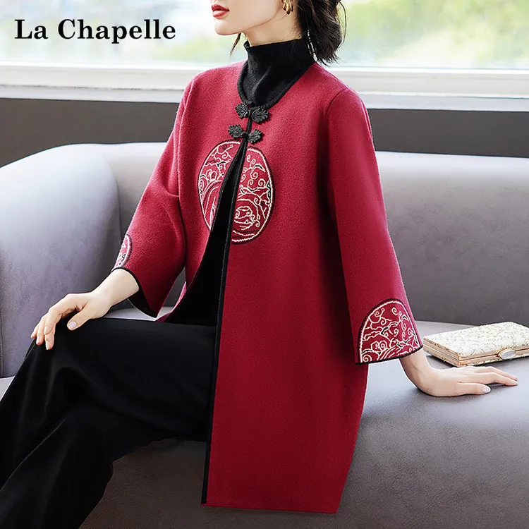 拉夏贝尔妈妈春秋针织毛衣外套本命年风衣红色婚宴装中老年女礼服