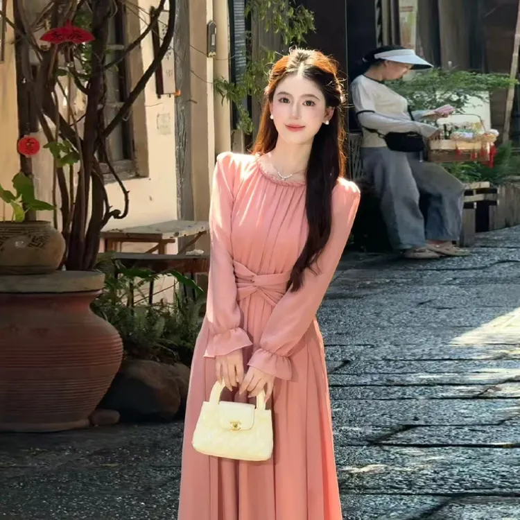 秋季长裙A字裙高腰长袖喇叭袖连衣裙女装2025秋季新款气质长款