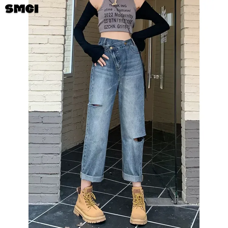 破洞哈伦牛仔裤女春秋冬季2025新款高腰宽松显瘦直筒九分老爹裤子