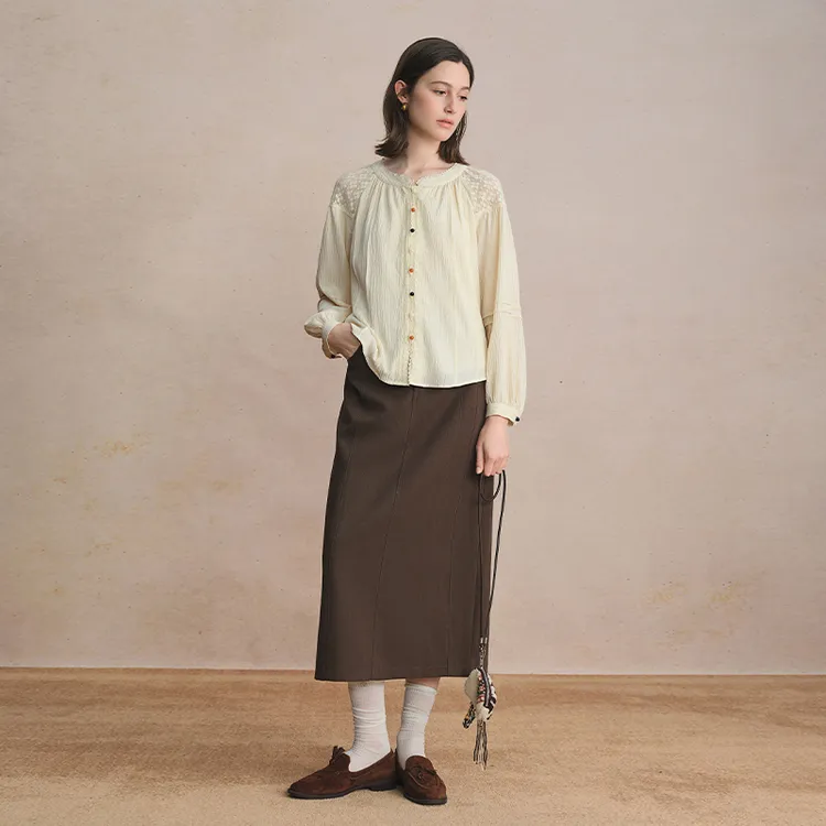 独束大码女装「琥珀流光」-蕾丝拼接文艺娃娃衫小衫25DS83293