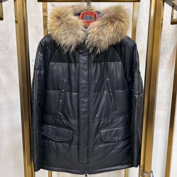 ZXT男士真皮皮衣意大利进口水晶山羊皮面包服中长连帽羽绒WZ25012