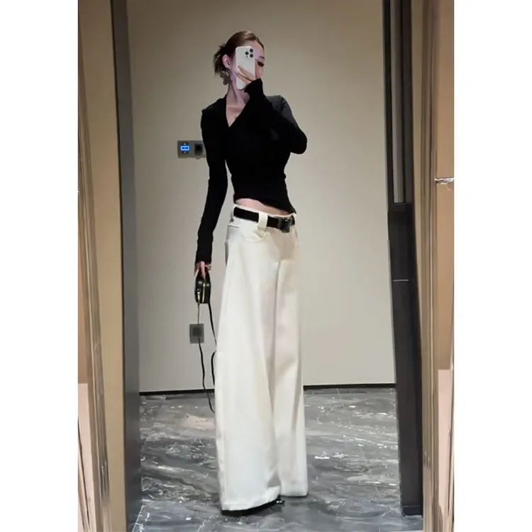 独特绝美套装韩系chic别致黑色斜领针织衫上衣女长款阔腿裤两件套