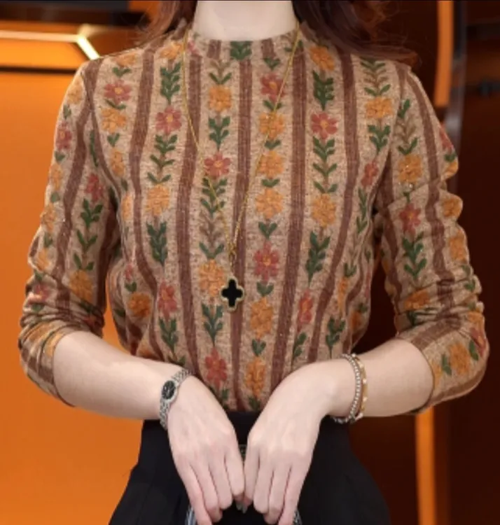 【速发】秋冬印花德绒打底衫大码中年妈妈宽松遮肚显瘦长袖T恤小衫