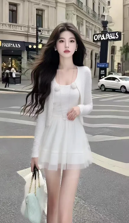 轻奢时尚温柔风白色U领设计感修身收腰连衣裙+白色百搭长袖开衫女