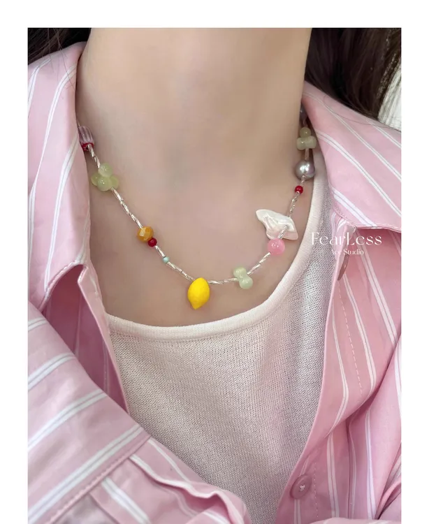 铜合金项链 夏季多巴胺彩色串珠项链女小众设计感气质颈链锁骨链