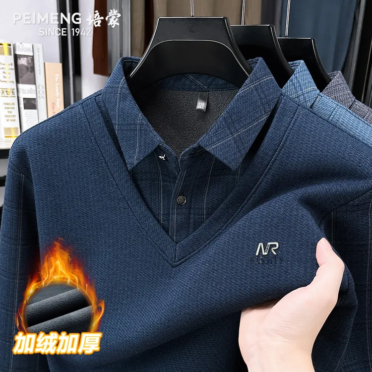 培蒙秋冬季新款男士加绒加厚保暖长袖针织polo衫商务休闲宽松上衣