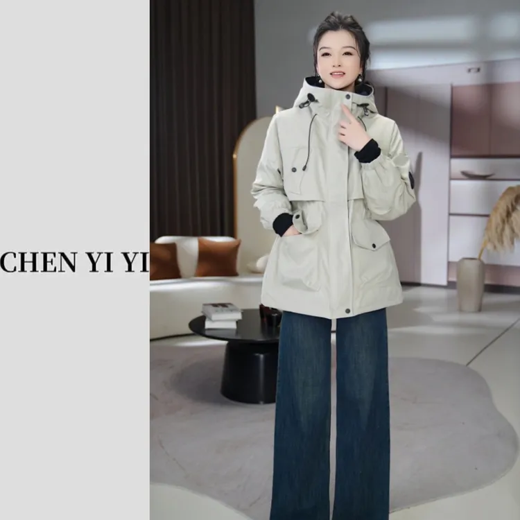 2025秋冬季中长款加绒加厚连帽外套女上衣收腰显瘦保暖风衣冲锋衣