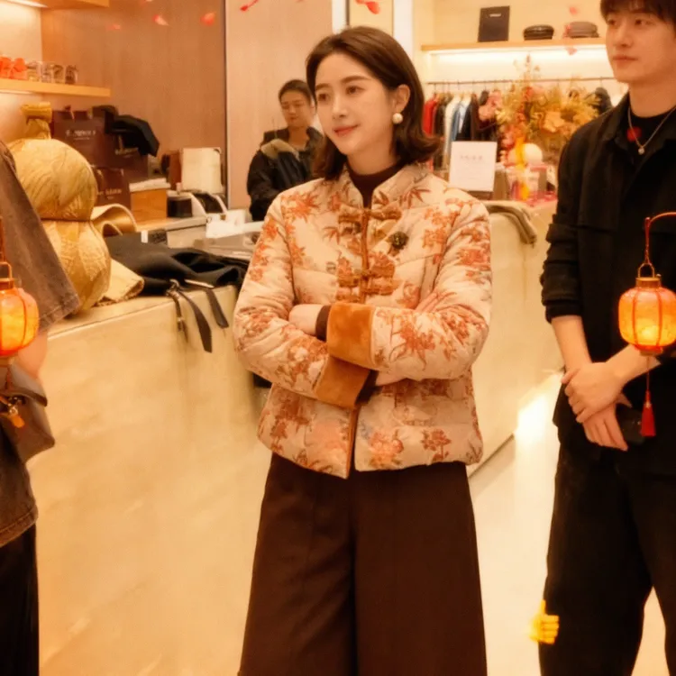 富贵配色新中式印花短款米白色盘扣冬季保暖棉服棉外套阔腿裤两件