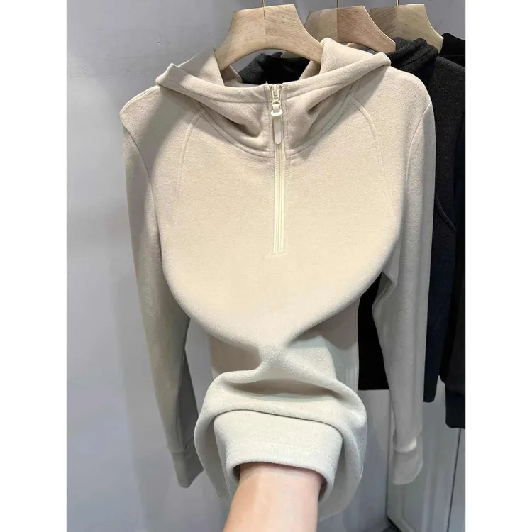 十三行女装高货！欧货半拉链双面德绒连帽卫衣女秋冬新款打底上衣