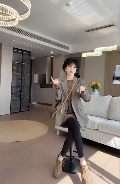 新款秋装定制面料轻奢复古格纹西装外套时尚气质高级感复古西装