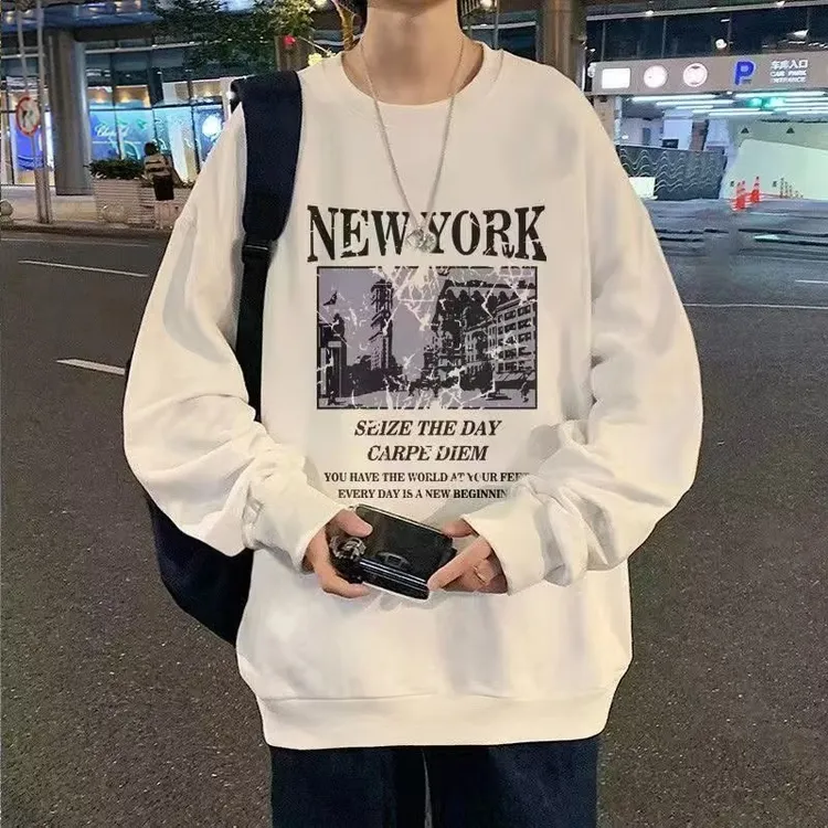 加绒圆领卫衣男美式潮牌上衣高级时尚印花冬季新款保暖衣男生外套