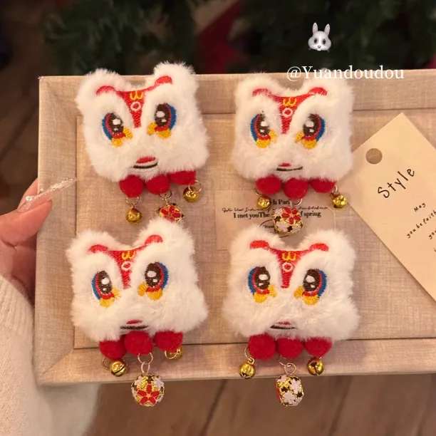 2026年新年醒狮流苏发夹女孩碎发鸭嘴夹双丸子头侧边刘海夹头饰