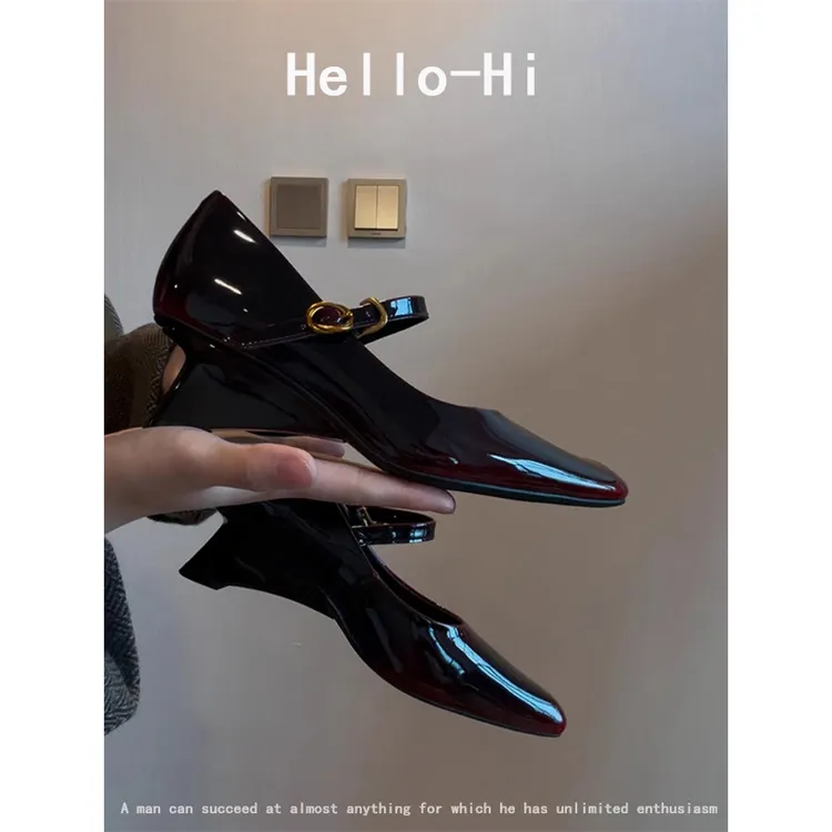 羊皮版~新款琥珀玛丽珍鞋女一字扣坡跟方头小皮鞋高跟软皮小单鞋