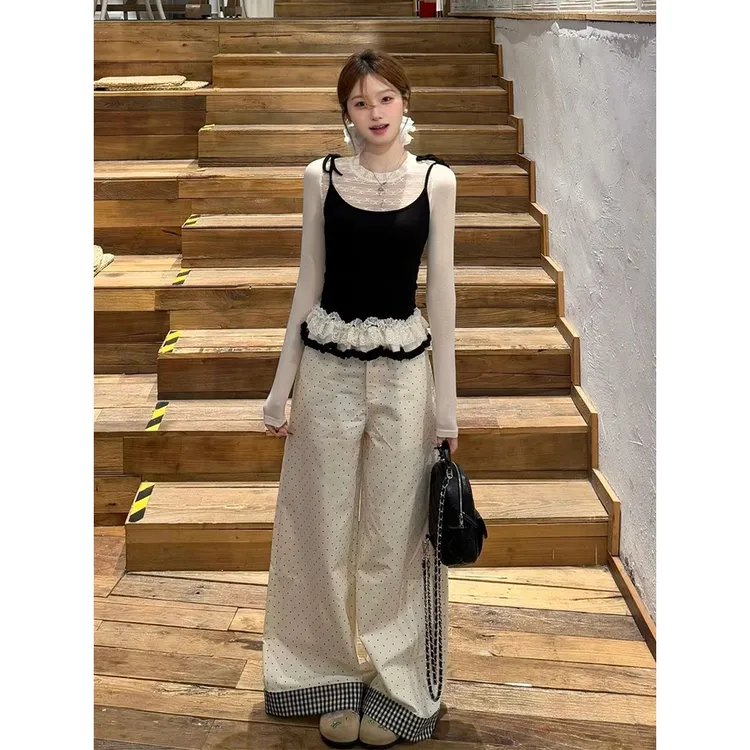 韩系ins小香风荷叶花边假两件长袖T恤女春秋季撞色拼接吊带上衣潮
