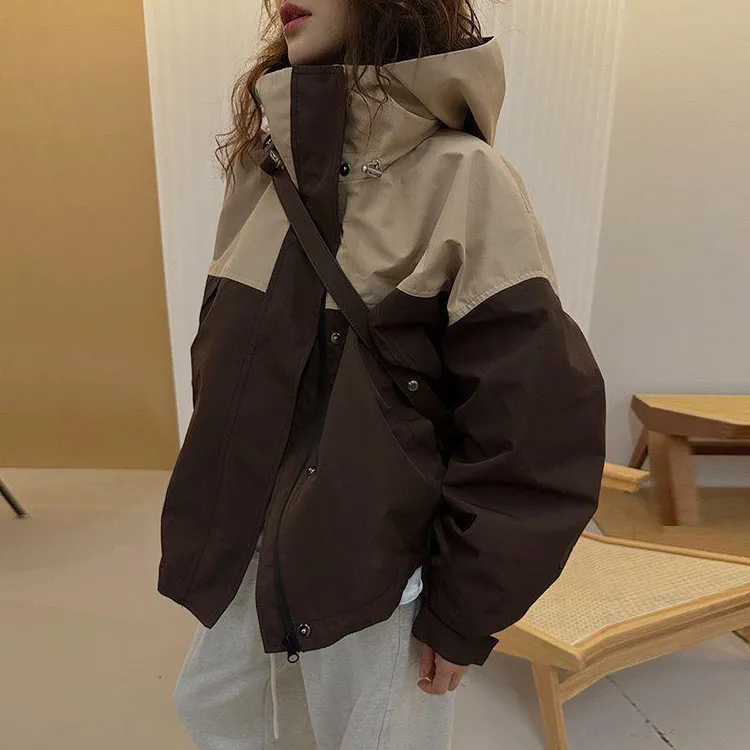 春秋季韩版宽松撞色连帽冲锋衣女bf风户外爬山工装夹克登山服外套