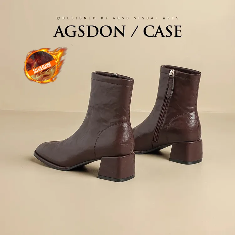 奥古狮登棕色短靴女2025新款秋冬季加绒美拉德切尔西靴高跟瘦瘦靴