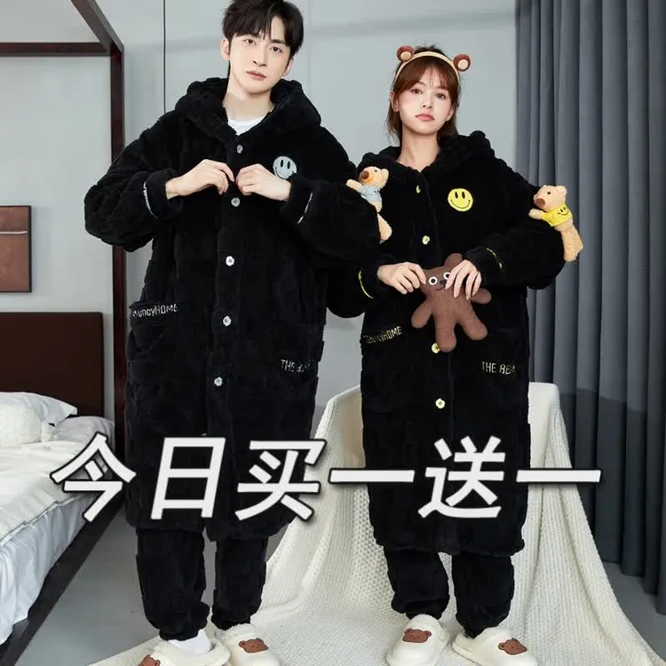 新款高档珊瑚绒情侣睡衣女秋冬季长款卡通睡袍男法兰绒家居服套装
