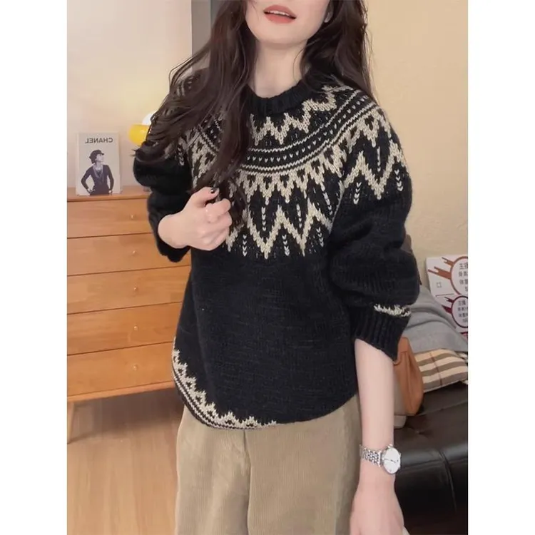秋冬复古费尔岛风套头毛衣女士慵懒高级感洋气减龄外穿针织衫上衣