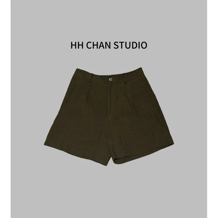 HH.CHAN“橄榄”100%进口色织亚麻RL橄榄绿色休闲短裤HH52S36392