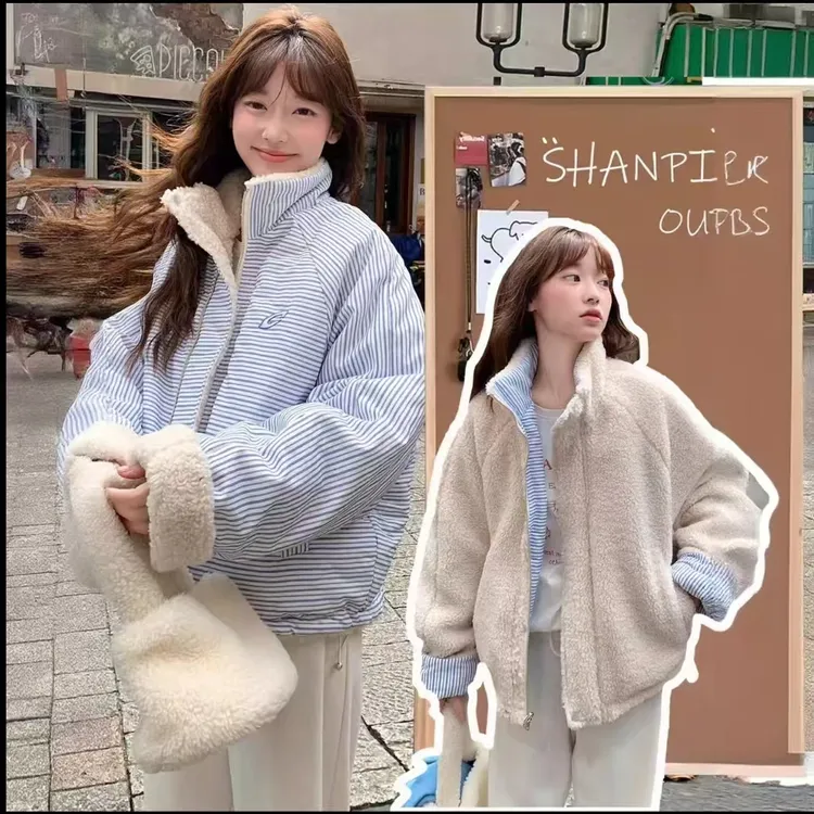 2025冬季新款韩版宽松羊羔毛保暖棉衣外套女短款面包服双面穿棉袄