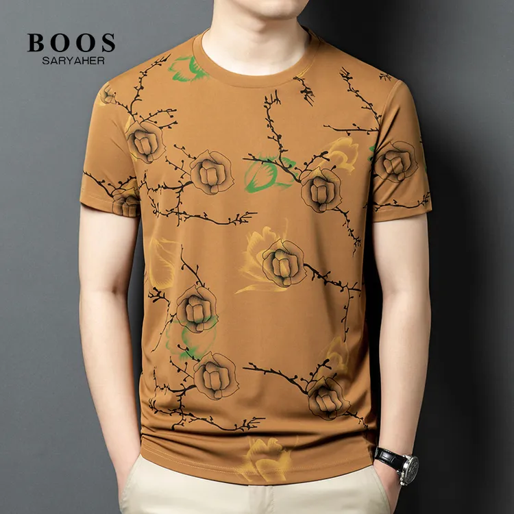 BOOSSARYAHER2025夏季高档冰丝印花薄款T恤男时尚潮流凉感上衣