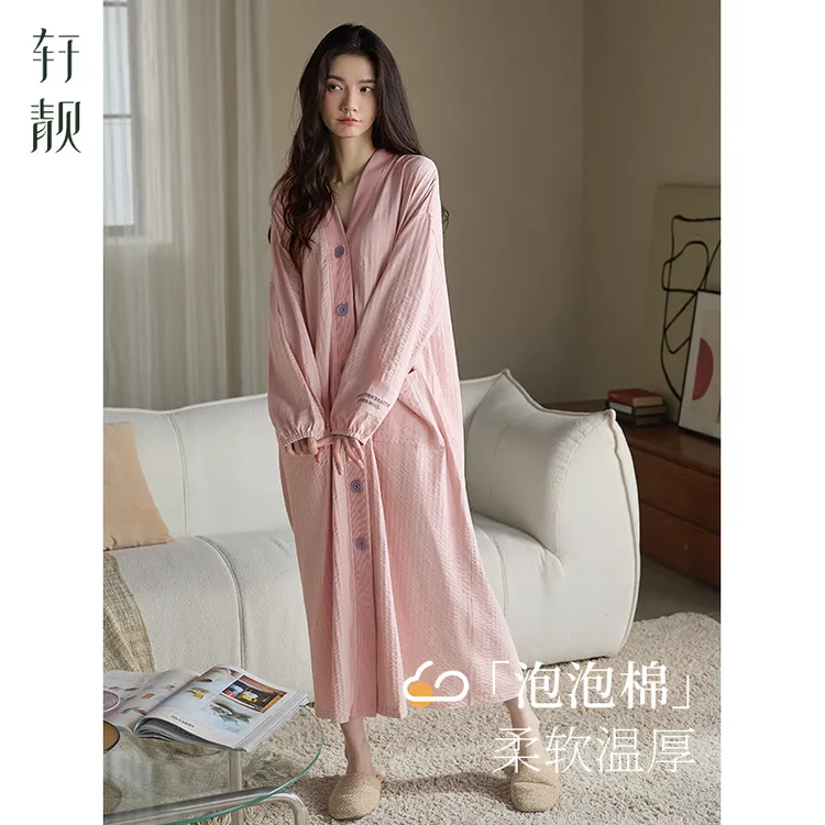 【纯棉】泡泡棉睡袍女春秋季长袖睡衣开衫睡裙时尚高级感浴袍大码
