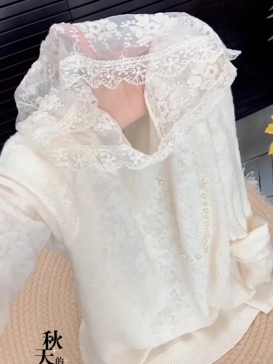 温柔风白色蕾丝连帽针织衫女秋季大码气质宽松显瘦内搭打底衫上衣