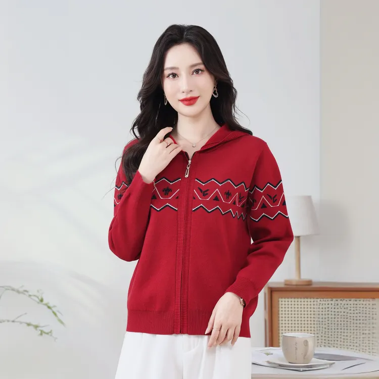 2025秋款复古费尔岛提花拉链中年女装开衫外套针织衫妈妈连帽毛衣