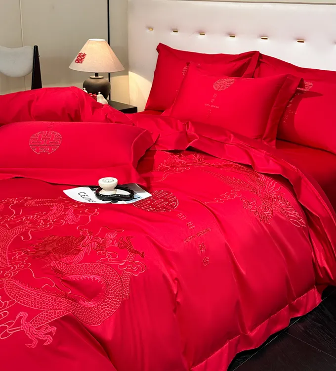 水星.家纺红色婚庆四件套全棉结婚床上用品床单纯棉婚嫁被套喜庆4