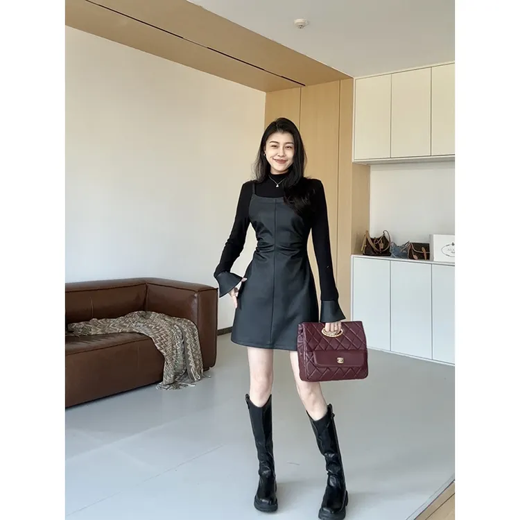 张阿星【人生神裙】假两件辣妹气质拼皮收腰显瘦连衣裙  W424Q20860