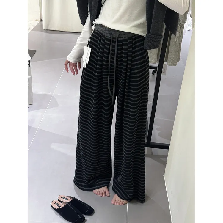设计师款！好看慵懒条纹休闲阔腿裤女秋季新款宽松高腰垂感直筒裤