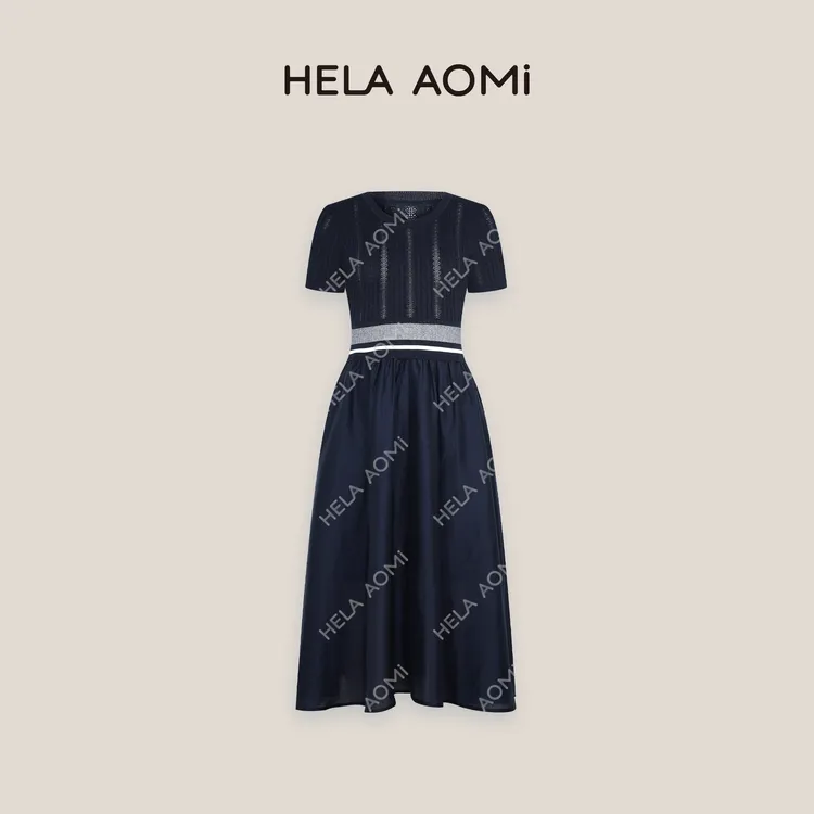 HELAAOMI“雕家针织裙”早春法式拼接修身莱赛尔连衣裙CY5AM72509