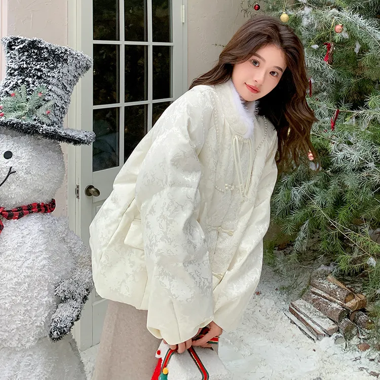 米白色国风短款印花羽绒服女款冬季小个子网红款大气保暖轻薄外套