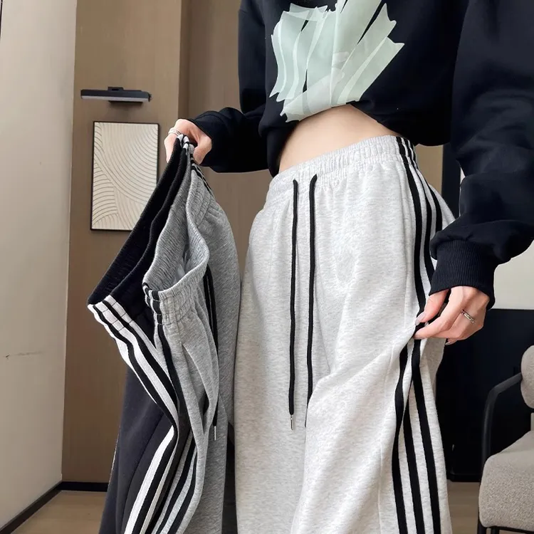 白灰色条纹运动裤女大童春夏款薄款直筒休闲梨型身材宽松显瘦卫裤