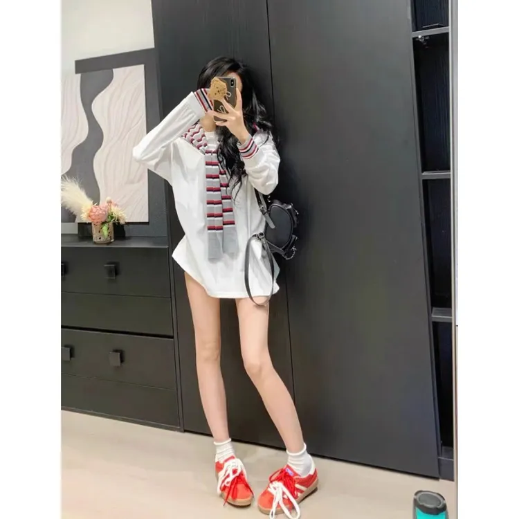 欧洲站2025开春新款中长款白色上衣条纹披肩两件套宽松长袖T恤女t